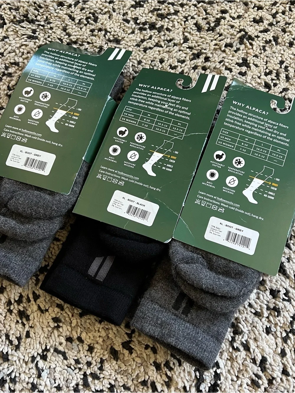Hollow Alpaca Socks Boot Lot of 3 Pair Grey Black Size XL